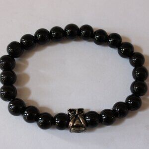 Onyx Black beaded stretch bracelet with owl